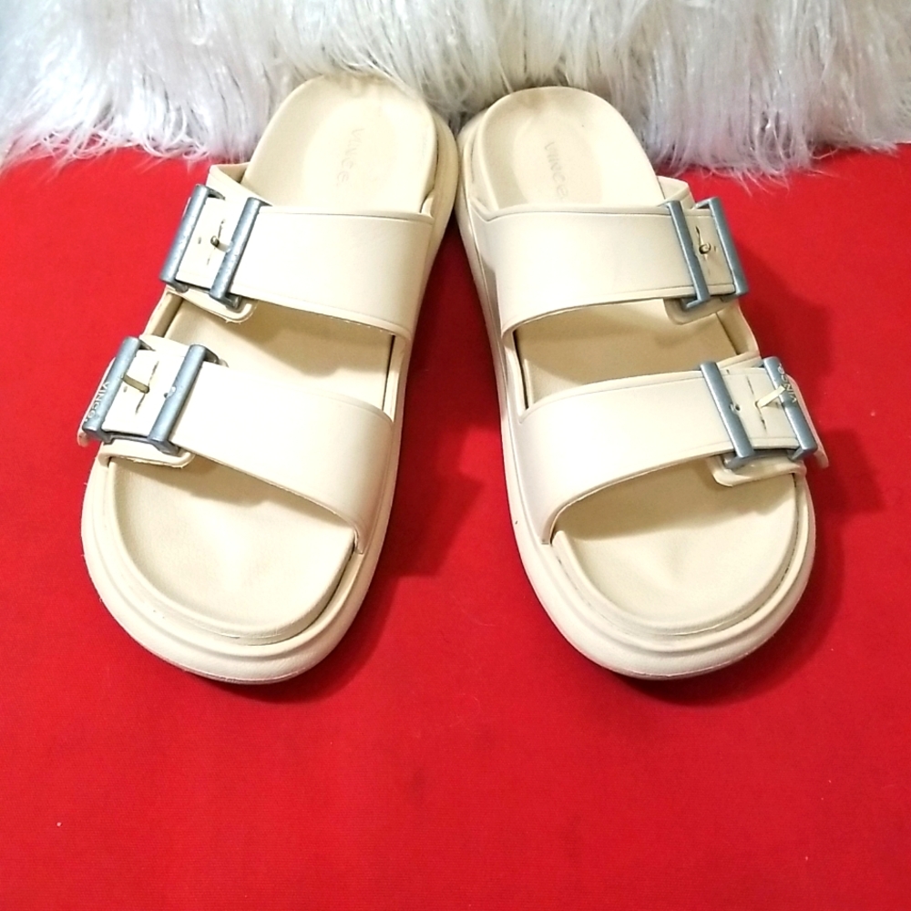 Vince Cream Double-Buckle Slide Sandals